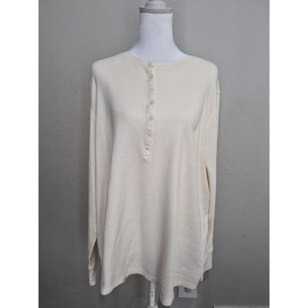 NWT LL Bean Womens Waffle Knit‎ Tee Henley Cream Buttons Minimalist Outdoors